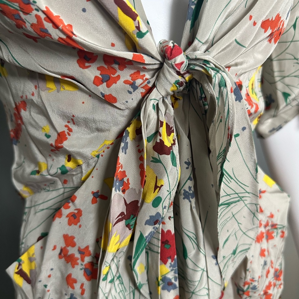 Baraschi 100% Silk Dress Floral Tie-Front Dress Gray Mini S - Picture 9 of 10